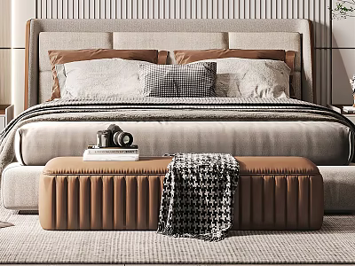 Elegant Double Bed With Plush Pillows Bed Bench Camera Books And Checkered Blanket 3d model