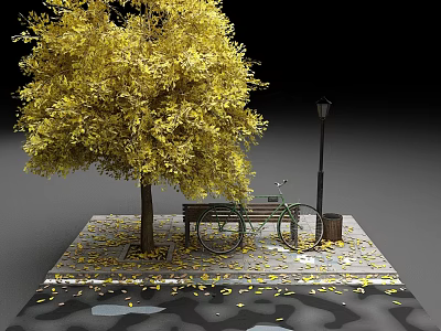 Autumn Scene With Yellow Leaf Tree Street Lamp Bench Bicycle Fallen Leaves And Puddle 3d model