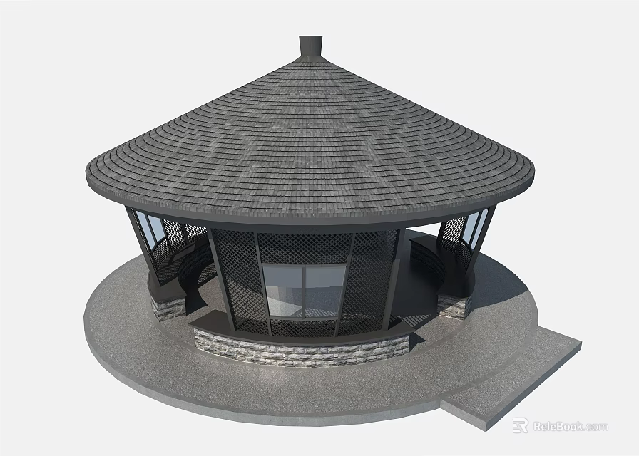 Round Pavilion Design With Conical Tile Roof Stone Base And Window Details 3d model 