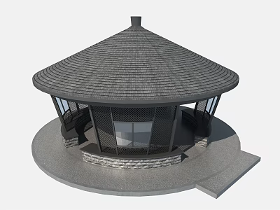 Round Pavilion Design With Conical Tile Roof Stone Base And Window Details 3d model