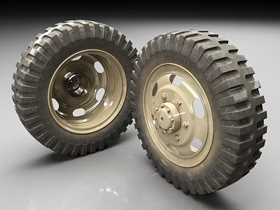 Two Heavy Duty Tires With Thick Treads And Metallic Rims 3d model
