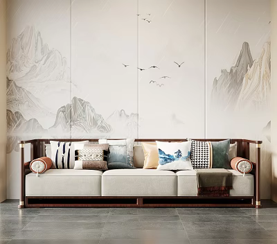 Traditional Chinese Style Two Seater Sofa With Decorative Pillows And Landscape Wall Backdrop 3d model