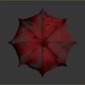 Stylish Red Umbrella Featuring White Scenic Landscape Patterns On Surface And Wooden Handle
