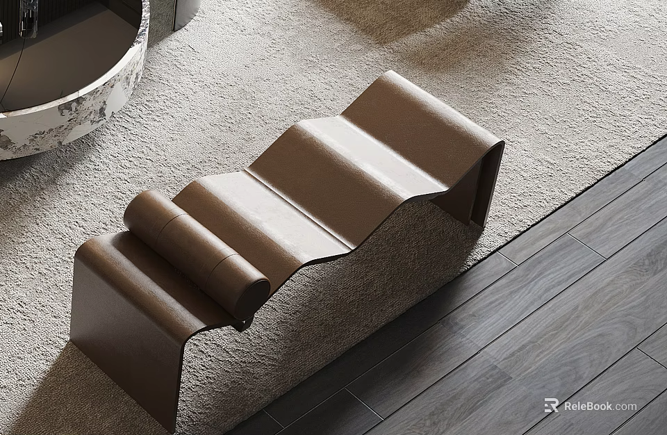 Brown Leather Bench with Unique Wave Shaped Design on Carpeted Floor and Wooden Surface 3d model 