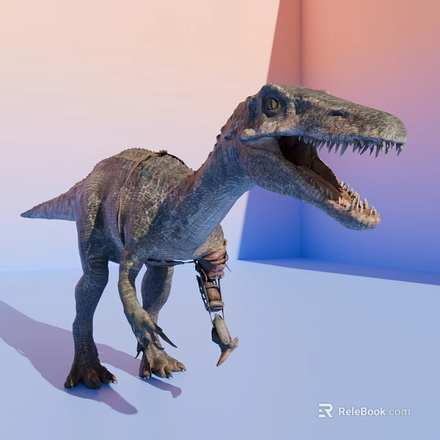 Reptile Velociraptor with Mechanical Parts Open Mouth Showing Sharp Teeth Against Gradient Pink Blue Background 3d model 