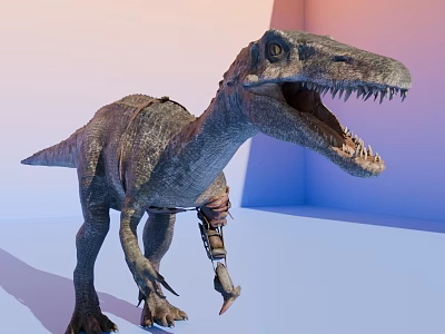 Reptile Velociraptor with Mechanical Parts Open Mouth Showing Sharp Teeth Against Gradient Pink Blue Background 3d model