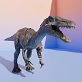 Reptile Velociraptor with Mechanical Parts Open Mouth Showing Sharp Teeth Against Gradient Pink Blue Background