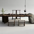 Natural Wooden Tea Table and Chairs with Tea Set Potted Plant and Zen Stone