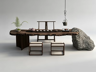 Natural Wooden Tea Table and Chairs with Tea Set Potted Plant and Zen Stone 3d model
