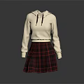 Cream Colored Hoodie With Drawstrings And Red Black Plaid Pleated Skirt 3d model