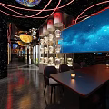 Starry Sky Themed Restaurant Interior With Planet Decorations Large Screen And Seating Area 3d model