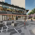 Garden Landscape With Tree Lined Walkway Colorful Paved Path And Benches Near Commercial Buildings