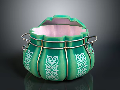 Vintage Green Ceramic Container With White Floral Patterns And Metal Handles 3d model
