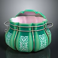 Vintage Green Ceramic Container With White Floral Patterns And Metal Handles