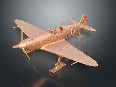 Detailed Copper Vintage Fighter Aircraft Model with Propeller on Dark Background 3d model