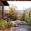 Tranquil Courtyard Garden With Wooden Flooring Bamboo Fence Lanterns And Stone Platform