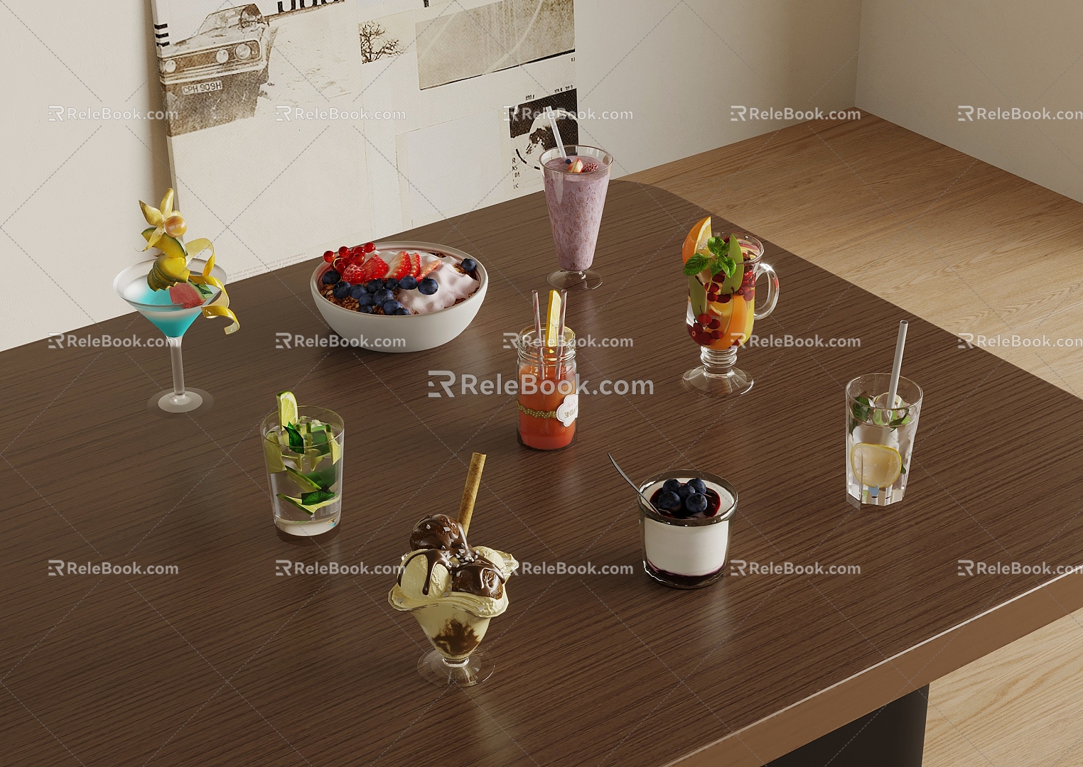 Ice cream dessert cheese fruit tea 3d model