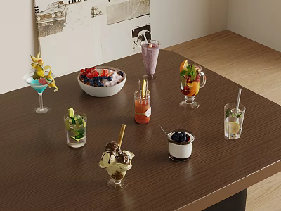 Assorted Desserts And Beverages On Wooden Table With Fruit Bowls Ice Cream And Glass Cups 3d model