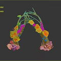 Colorful Decorative Arch With Branches Orange Flowers Green Leaves Purple Shells And Pink Clouds