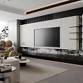 Modern Living Dining Room Interior With Sofa Striped Armchair Floor To Ceiling Windows And Coffee Table