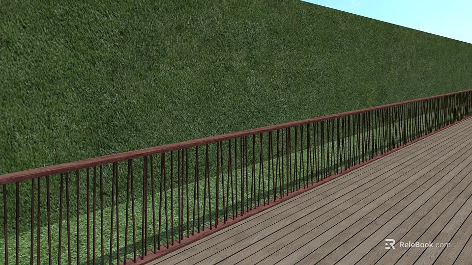 Red Railing Fence Along Green Hedge Wall With Wooden Deck Floor 3d model 