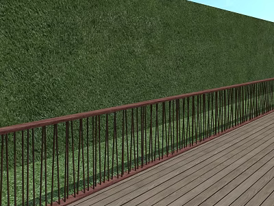 Red Railing Fence Along Green Hedge Wall With Wooden Deck Floor 3d model