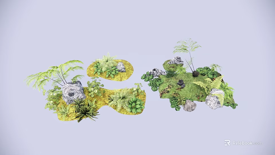 Natural Garden Plant Arrangement With Ferns Moss And Decorative Stones 3d model 