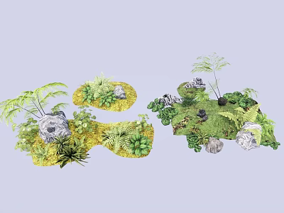 Natural Garden Plant Arrangement With Ferns Moss And Decorative Stones 3d model