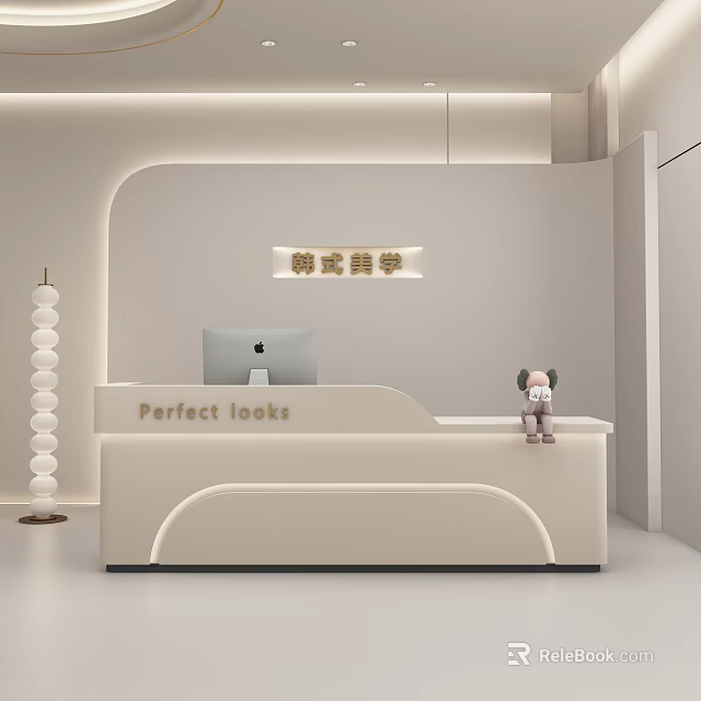 Modern Shop Front Desk With Korean Aesthetics Beige Design Apple iMac And Teddy Bear Decoration 3d model 