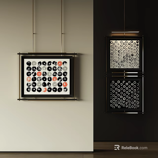 Stylish Framed Wall Art with Circular Patterns in Black White and Red Tones 3d model 