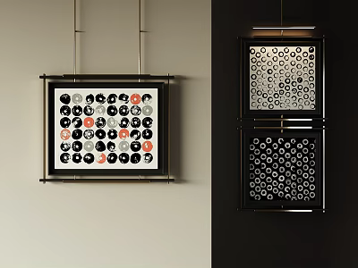 Stylish Framed Wall Art with Circular Patterns in Black White and Red Tones 3d model