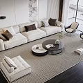 Modern Minimalist Sofa and Coffee Table Set With White Pillows Circular Tables and Accent Chairs