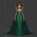 Game and Movie Character Elegant Green Gown with Flowing Cloak and Intricate Golden Details
