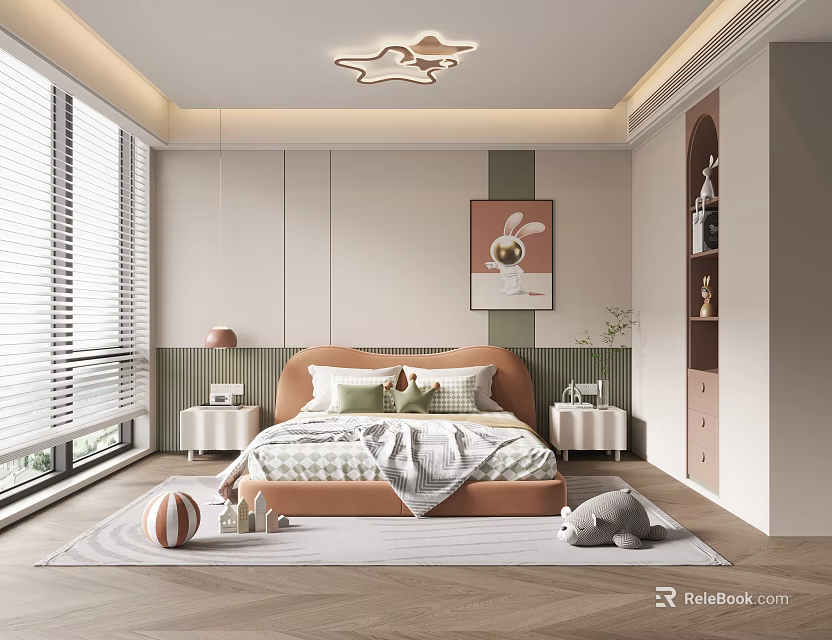 Cozy Kids Room Interior Design With Star Ceiling Light Rabbit Painting And Rug 3d model 