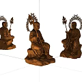 Intricate Wooden Carved Statues Of Seated Figures With Halo And Staff Design