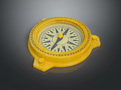 Yellow Compass With Classic Design And Black Needle On Dark Background 3d model