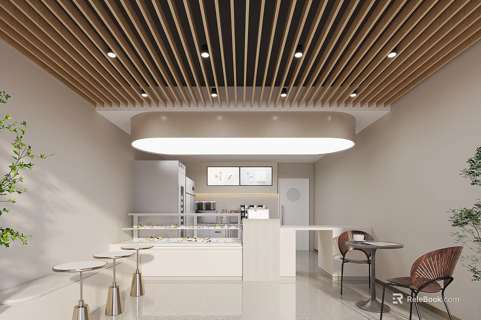Minimalist Milk Tea Shop Featuring Wooden Slat Ceiling Recessed Lighting And White Bar Counter 3d model 