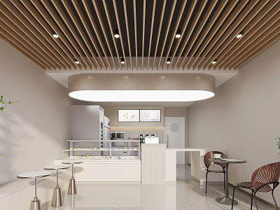 Minimalist Milk Tea Shop Featuring Wooden Slat Ceiling Recessed Lighting And White Bar Counter 3d model