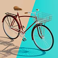 Red Bicycle With Brown Seat Metal Basket And Rear Rack On Blue Pink Gradient Background