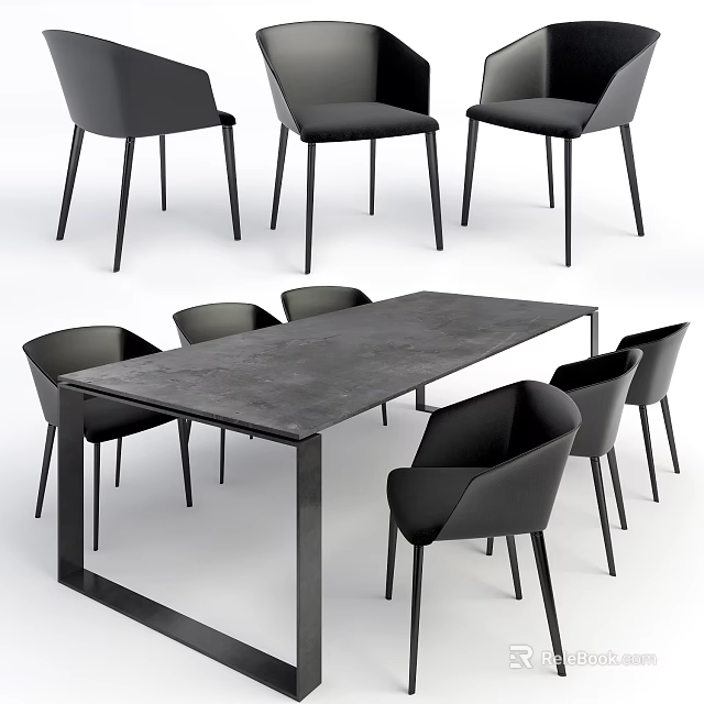 Modern Black Dining Table Set With Six Sleek Chairs And Metal Frame 3d model