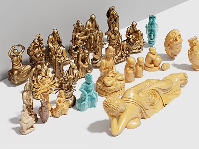 Diverse Sculpture Carvings in Golden Blue Beige with Sitting Lying Poses 3d model