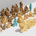 Diverse Sculpture Carvings in Golden Blue Beige with Sitting Lying Poses