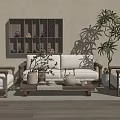 White Sofa And Wooden Coffee Table Set With Decorative Items Armchairs And Green Plant