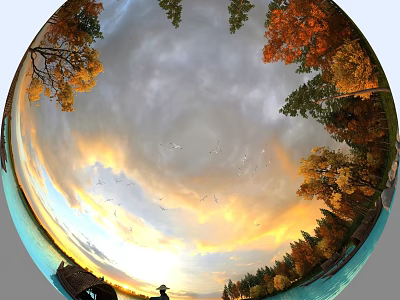 Scenic Sunset Landscape With Golden Sky Clouds Flying Birds Autumn Trees And Water Reflection 3d model