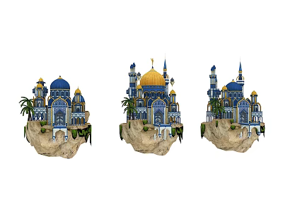 Cartoon Style Scenic Buildings With Blue Gold Domes And Palm Trees On Island 3d model