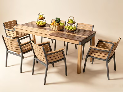 Wooden Dining Table Set with Matching Chairs and Fruit Baskets on Top 3d model