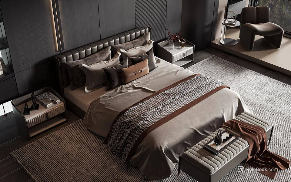 Modern Bedroom Interior With Dark Upholstered Headboard Double Bed Pillows Nightstand Footstool And Rug 3d model 