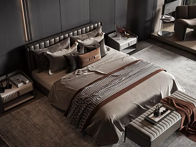Modern Bedroom Interior With Dark Upholstered Headboard Double Bed Pillows Nightstand Footstool And Rug 3d model
