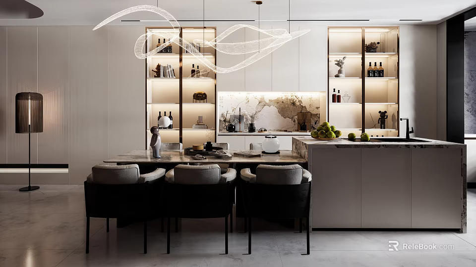 Modern Elegant Open Restaurant Interior With Pendant Lights Dining Table Chairs And Marble Wine Cabinets 3d model 