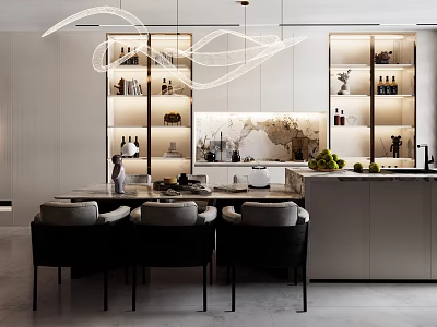 Modern Elegant Open Restaurant Interior With Pendant Lights Dining Table Chairs And Marble Wine Cabinets 3d model